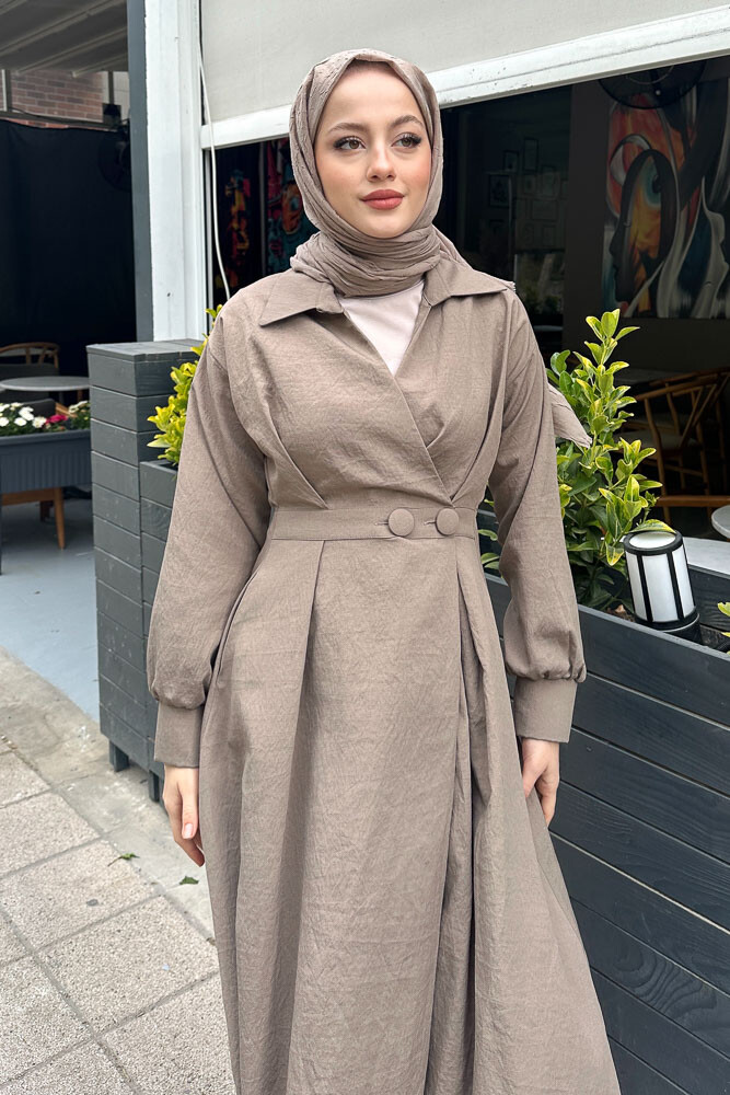 Belden Düğmeli Elbise - Vizon - 6