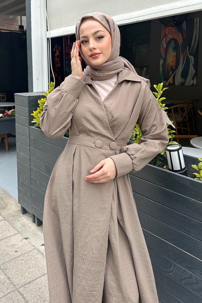 Belden Düğmeli Elbise - Vizon - 3