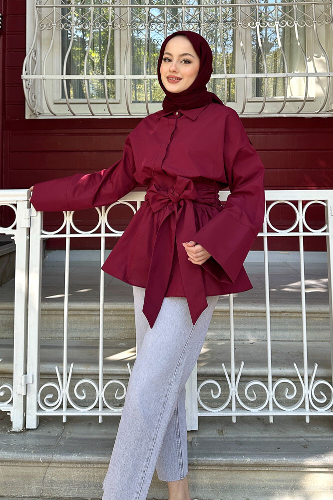 Beli Bağlamalı Geniş Kol Gömlek - Bordo - 8