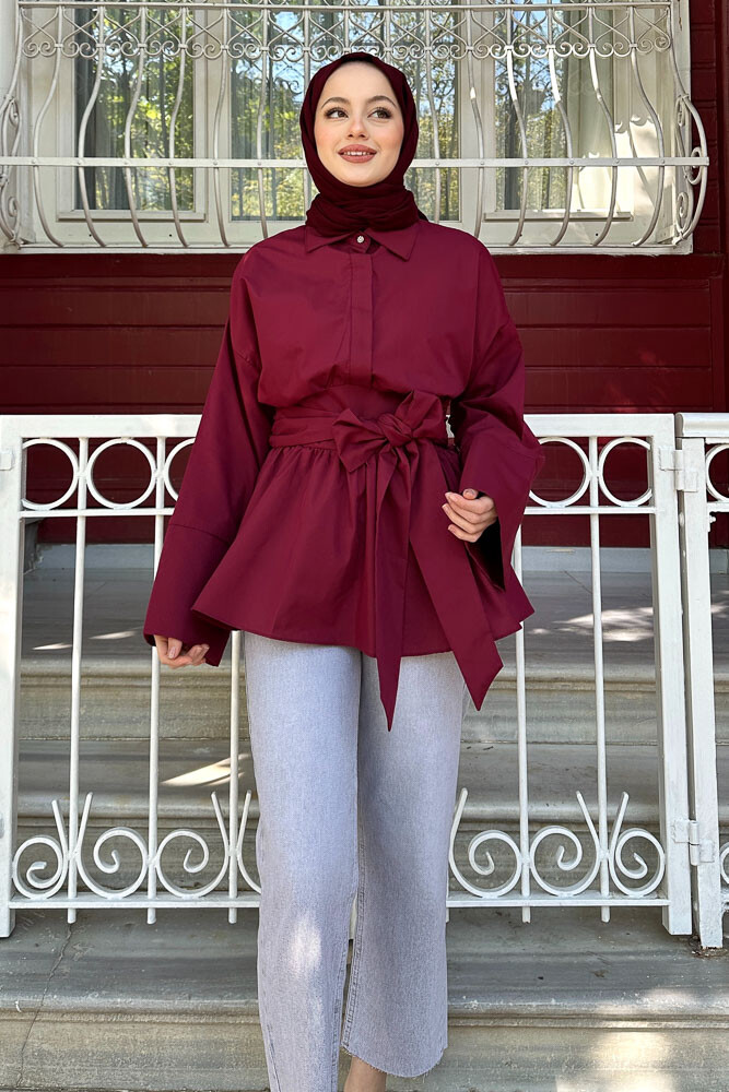 Beli Bağlamalı Geniş Kol Gömlek - Bordo - 5