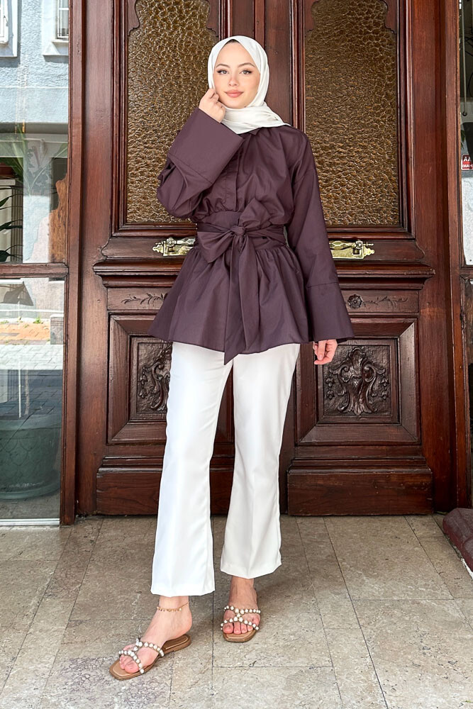 Beli Bağlamalı Geniş Kol Gömlek - Kahverengi - HENZA (5)