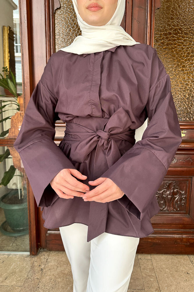 Beli Bağlamalı Geniş Kol Gömlek - Kahverengi - HENZA (3)