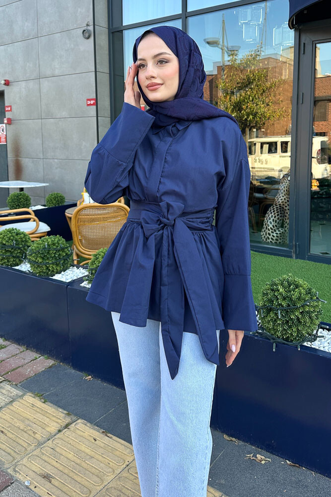 Beli Bağlamalı Geniş Kol Gömlek - Lacivert - 4