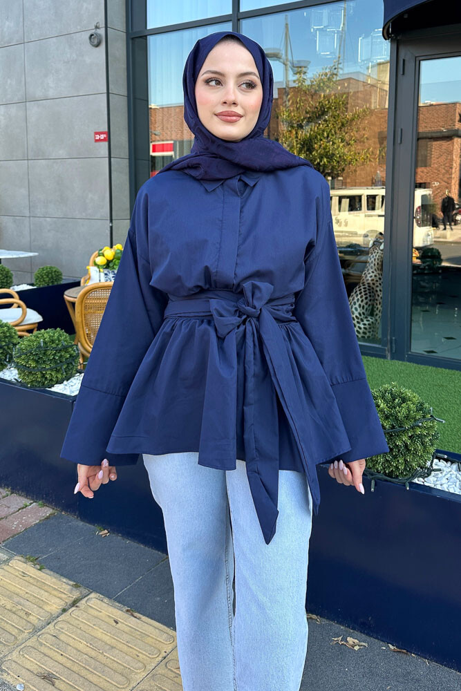Beli Bağlamalı Geniş Kol Gömlek - Lacivert - 1