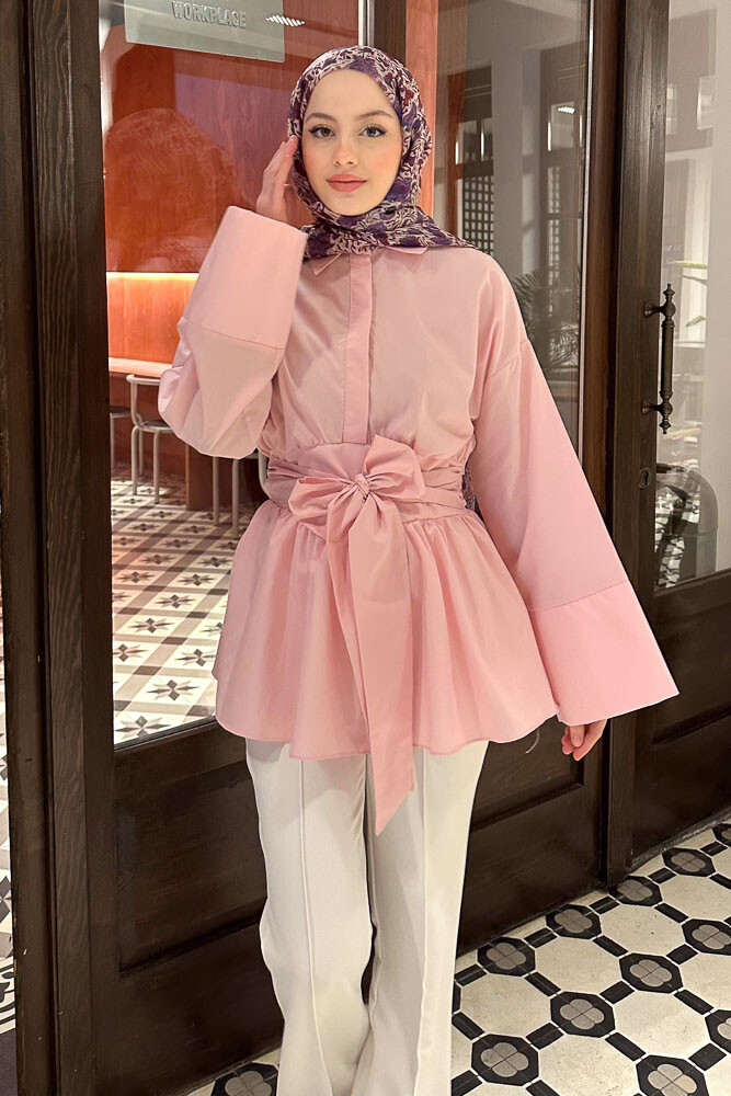 Beli Bağlamalı Geniş Kol Gömlek - Pembe - 6