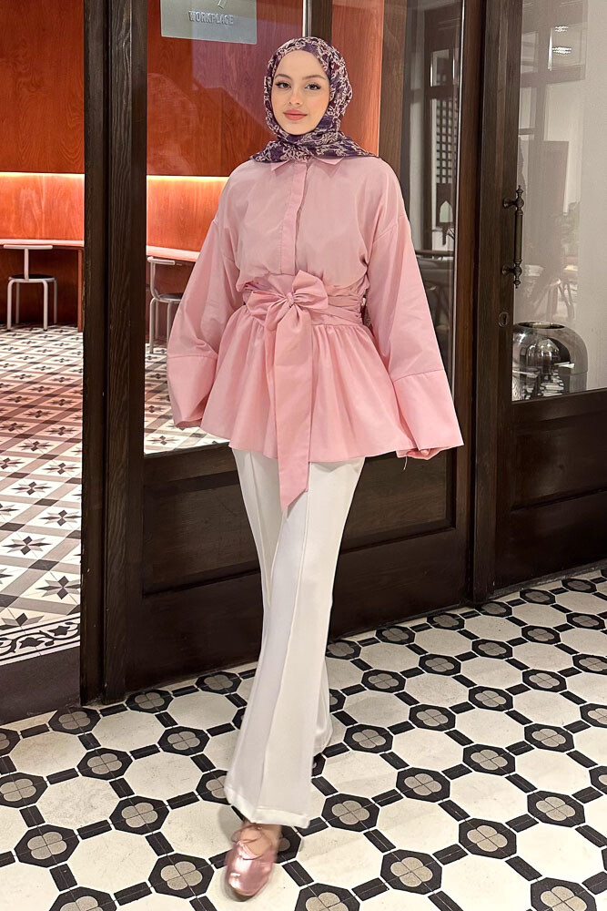 Beli Bağlamalı Geniş Kol Gömlek - Pembe - 4