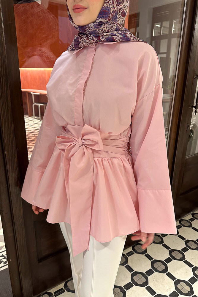 Beli Bağlamalı Geniş Kol Gömlek - Pembe - 5