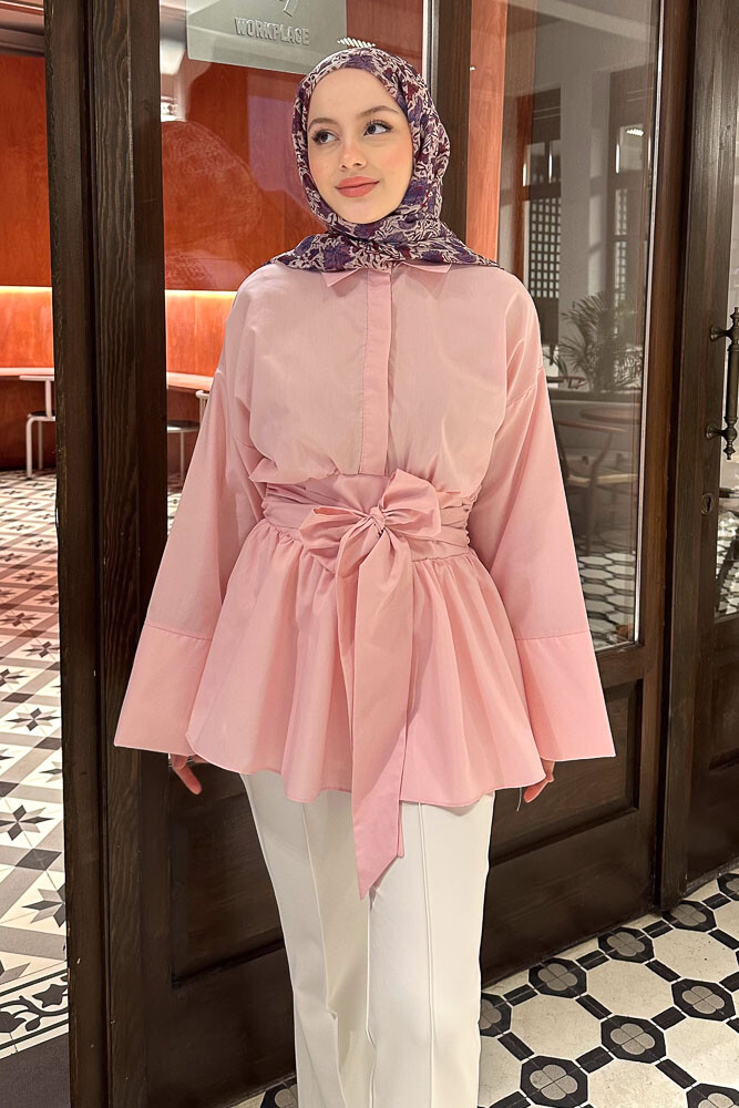 Beli Bağlamalı Geniş Kol Gömlek - Pembe - 3