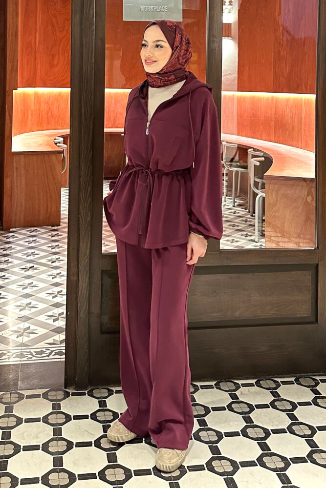 Beli Bağlamalı Kesik Detaylı Takım - Bordo - İKOL (5)