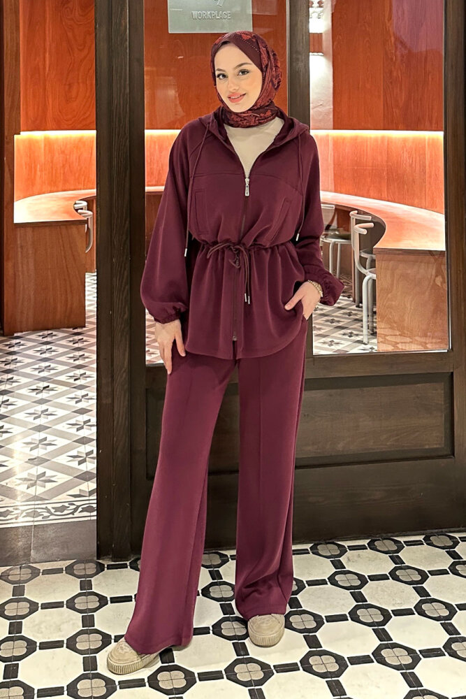 Beli Bağlamalı Kesik Detaylı Takım - Bordo - 3