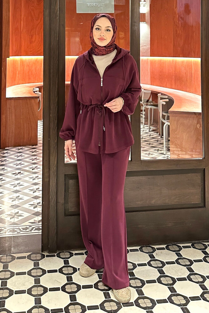 Beli Bağlamalı Kesik Detaylı Takım - Bordo - İKOL (0)