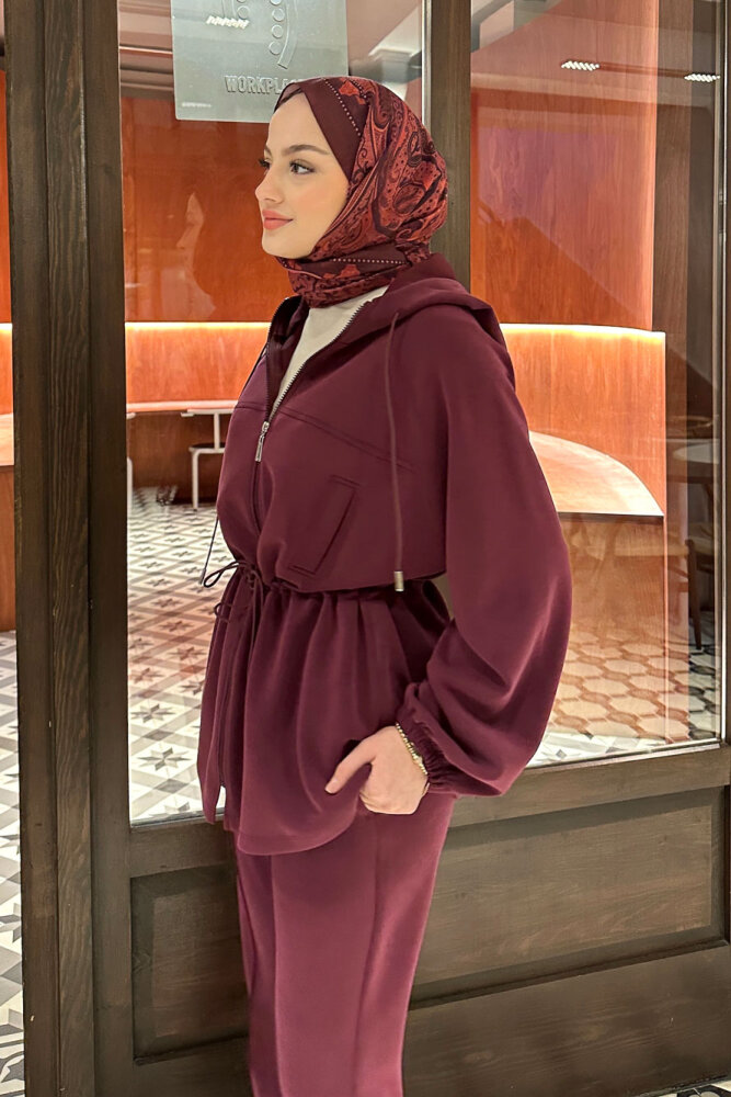 Beli Bağlamalı Kesik Detaylı Takım - Bordo - 4