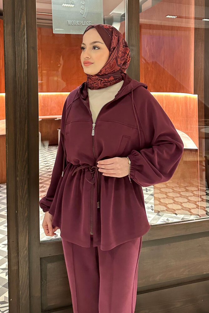 Beli Bağlamalı Kesik Detaylı Takım - Bordo - 2