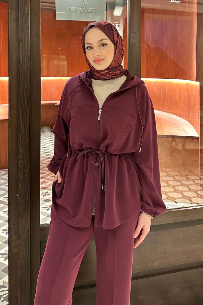 Beli Bağlamalı Kesik Detaylı Takım - Bordo - 7
