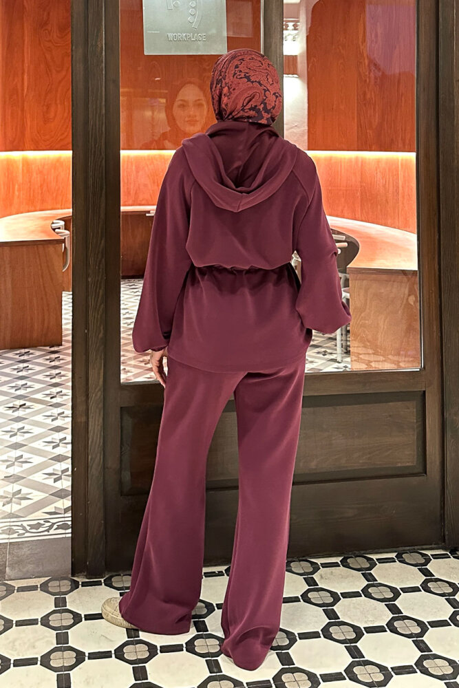 Beli Bağlamalı Kesik Detaylı Takım - Bordo - 8