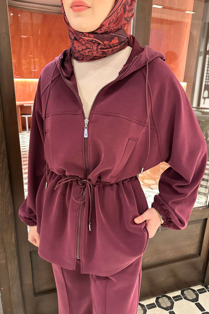 Beli Bağlamalı Kesik Detaylı Takım - Bordo - İKOL (4)