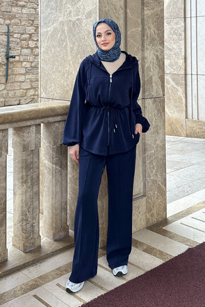 Beli Bağlamalı Kesik Detaylı Takım - Lacivert - 5