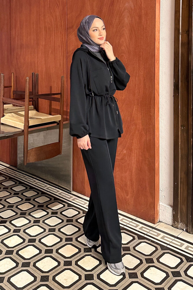 Beli Bağlamalı Kesik Detaylı Takım - Siyah - 4