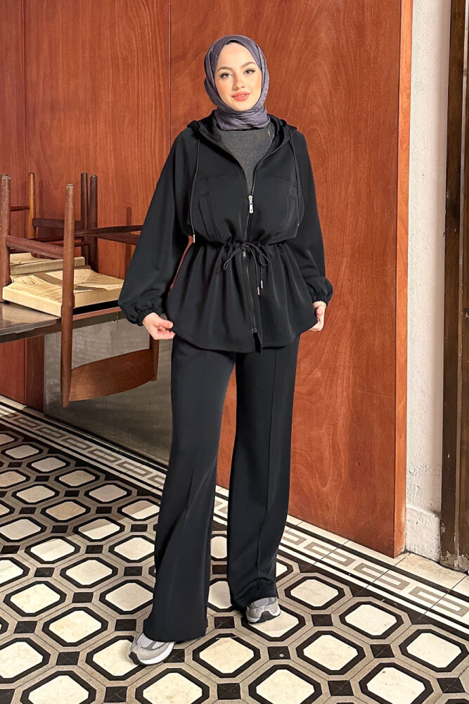 Beli Bağlamalı Kesik Detaylı Takım - Siyah - 3