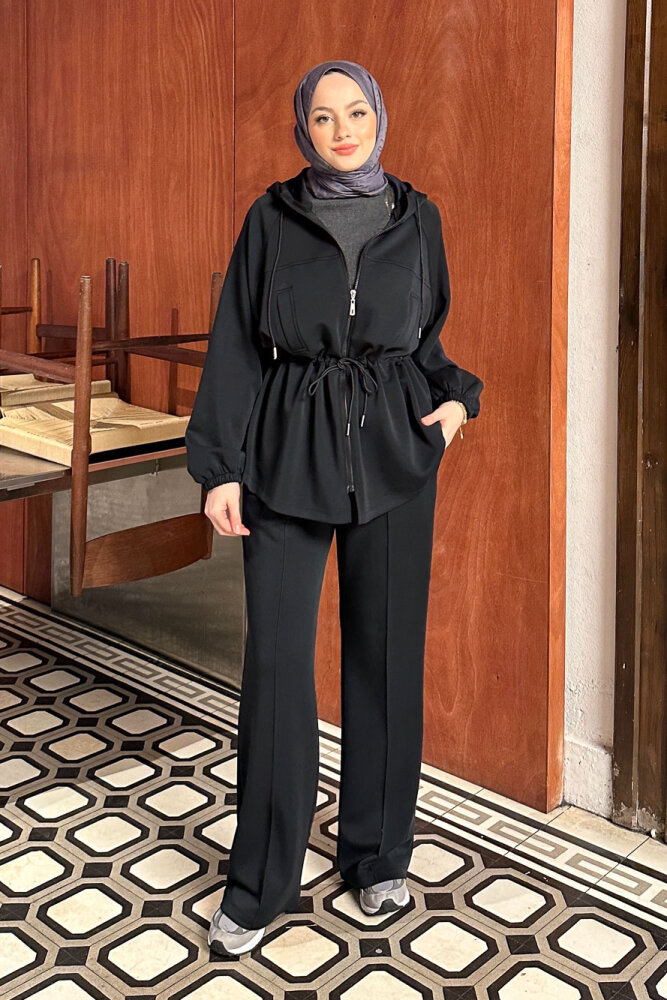 Beli Bağlamalı Kesik Detaylı Takım - Siyah - 6