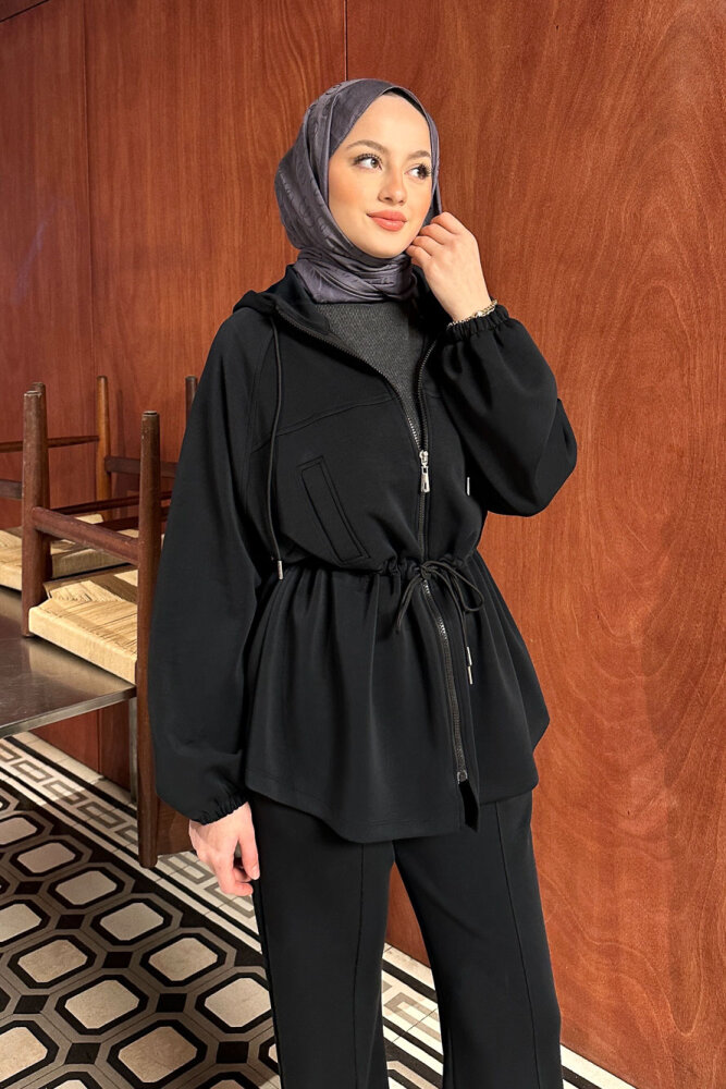 Beli Bağlamalı Kesik Detaylı Takım - Siyah - 7