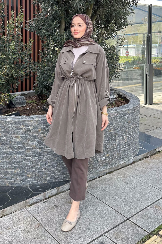 Beli Büzgülü Fermuarlı Kap - Haki - 4