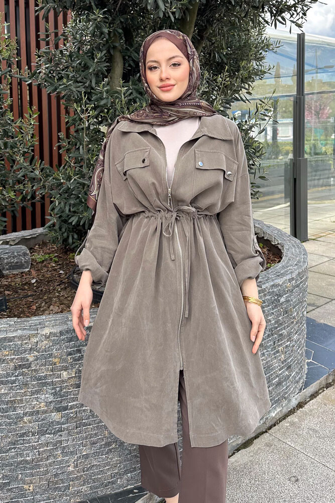 Beli Büzgülü Fermuarlı Kap - Haki - 3