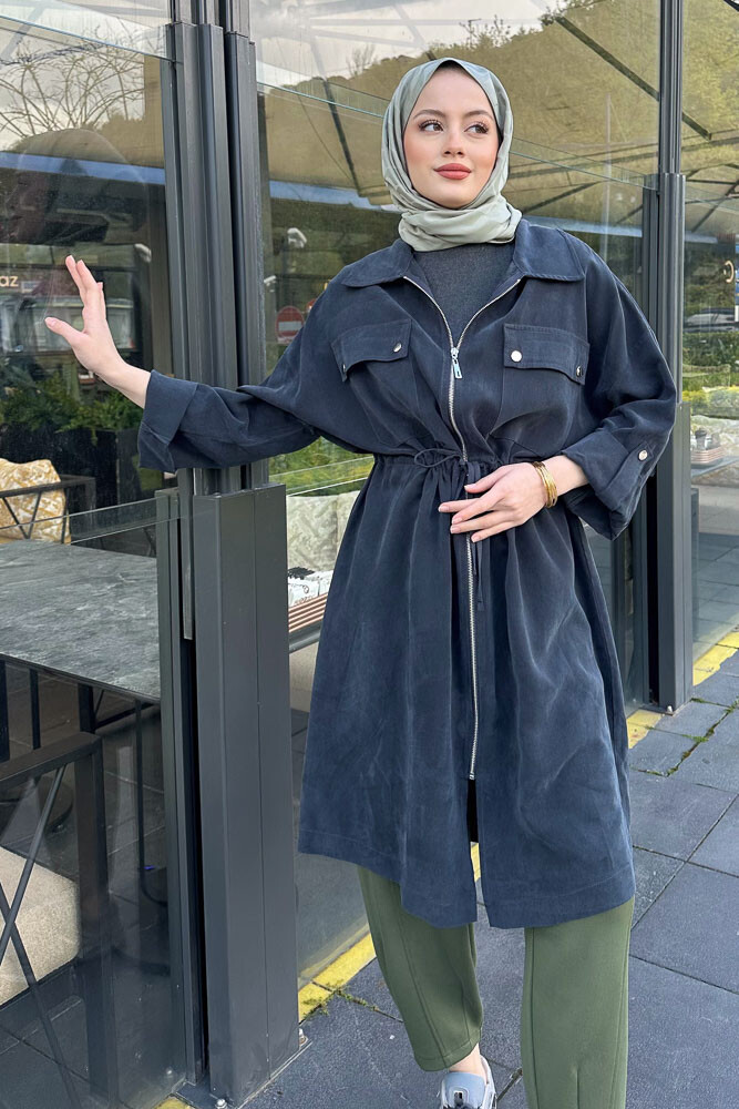 Beli Büzgülü Fermuarlı Kap - Siyah 