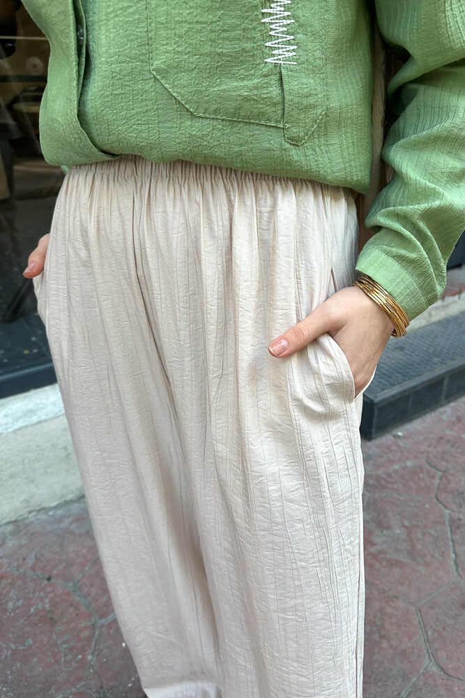 Beli Lastikli Bol Pantolon - Bej - 2
