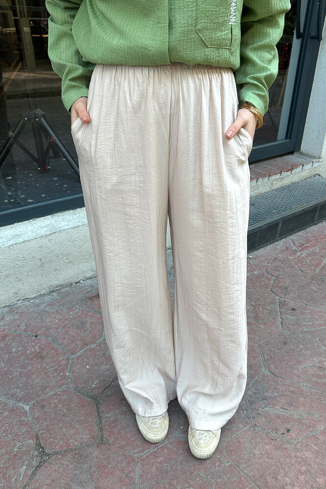 Beli Lastikli Bol Pantolon - Bej - 4