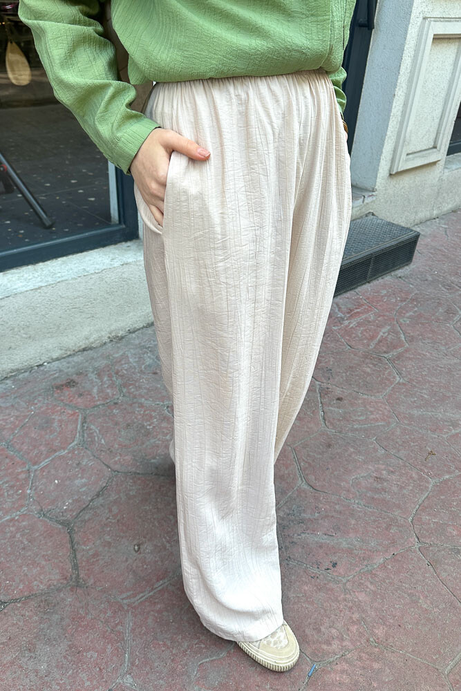 Beli Lastikli Bol Pantolon - Bej - 5