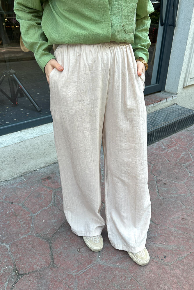 Beli Lastikli Bol Pantolon - Bej - 6