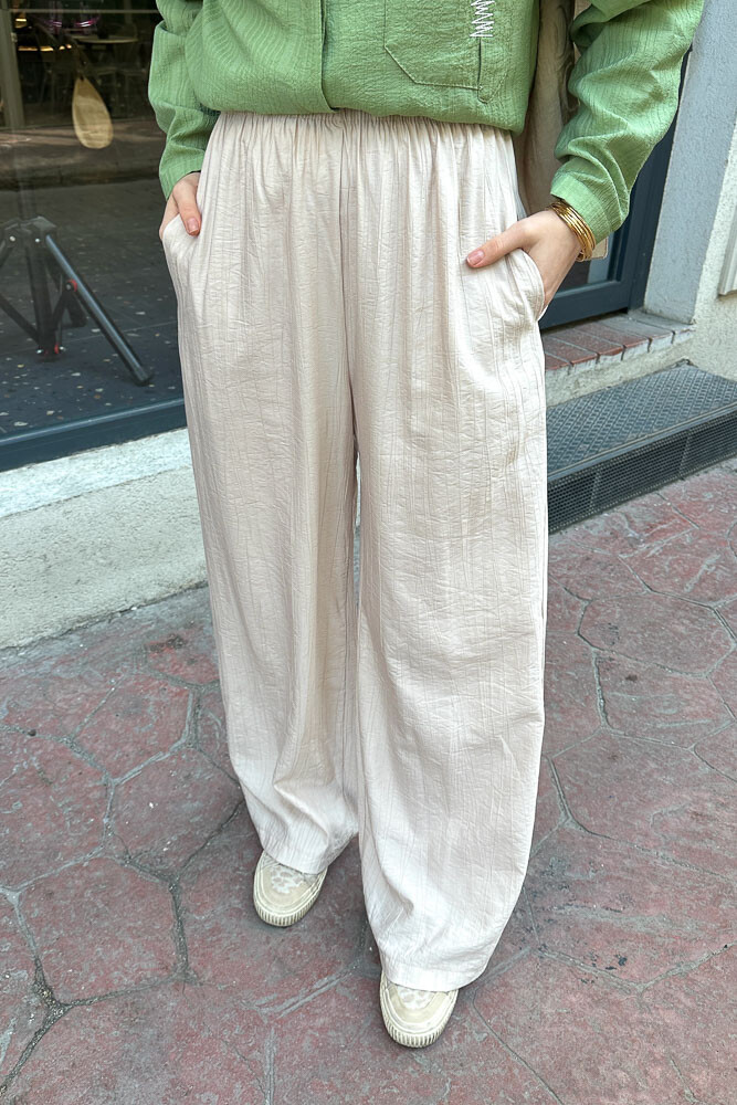 Beli Lastikli Bol Pantolon - Bej 
