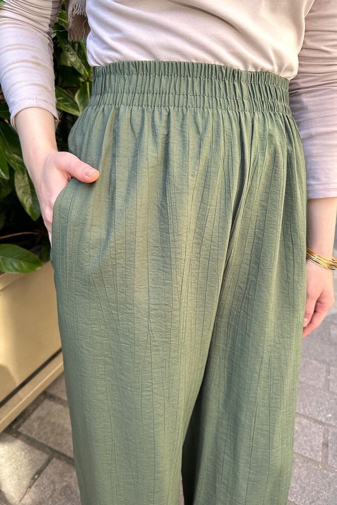 Beli Lastikli Bol Pantolon - Haki - 3