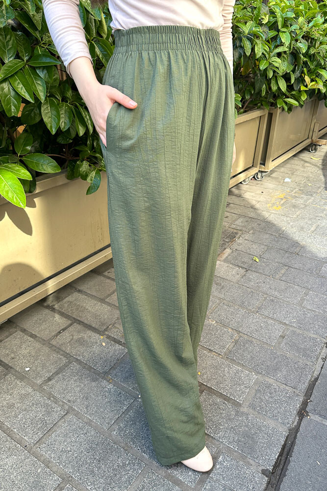 Beli Lastikli Bol Pantolon - Haki - 2
