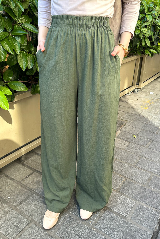 Beli Lastikli Bol Pantolon - Haki - 1