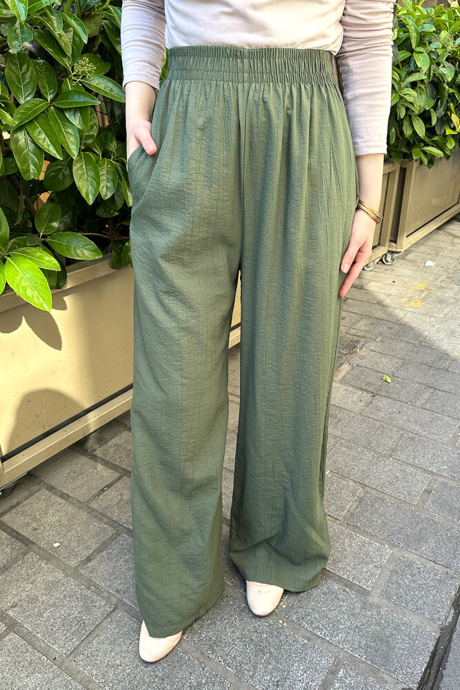Beli Lastikli Bol Pantolon - Haki - PUANE (3)