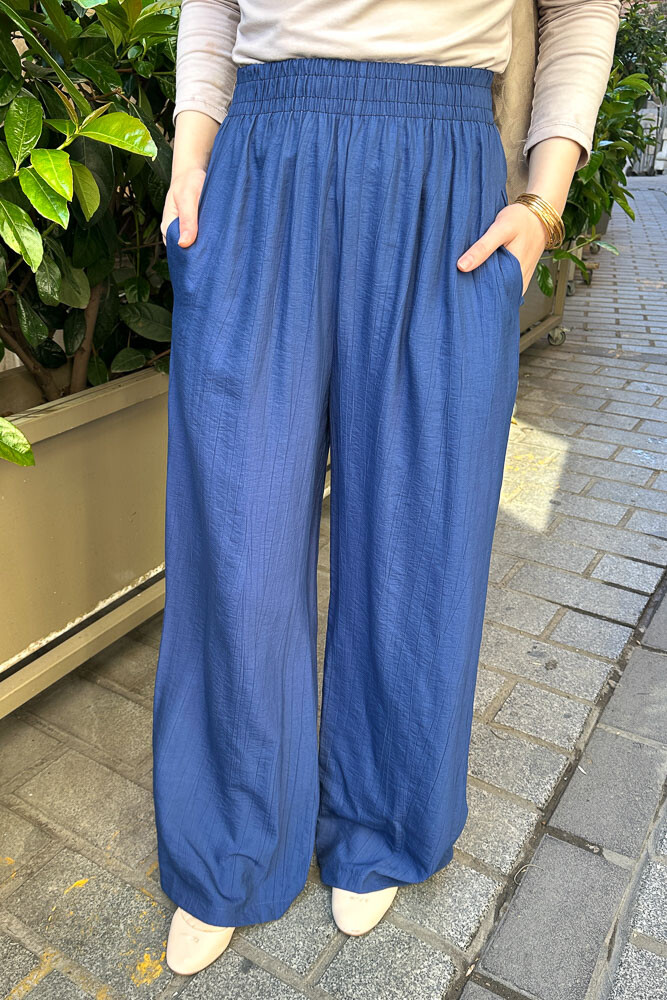 Beli Lastikli Bol Pantolon - Lacivert - 1