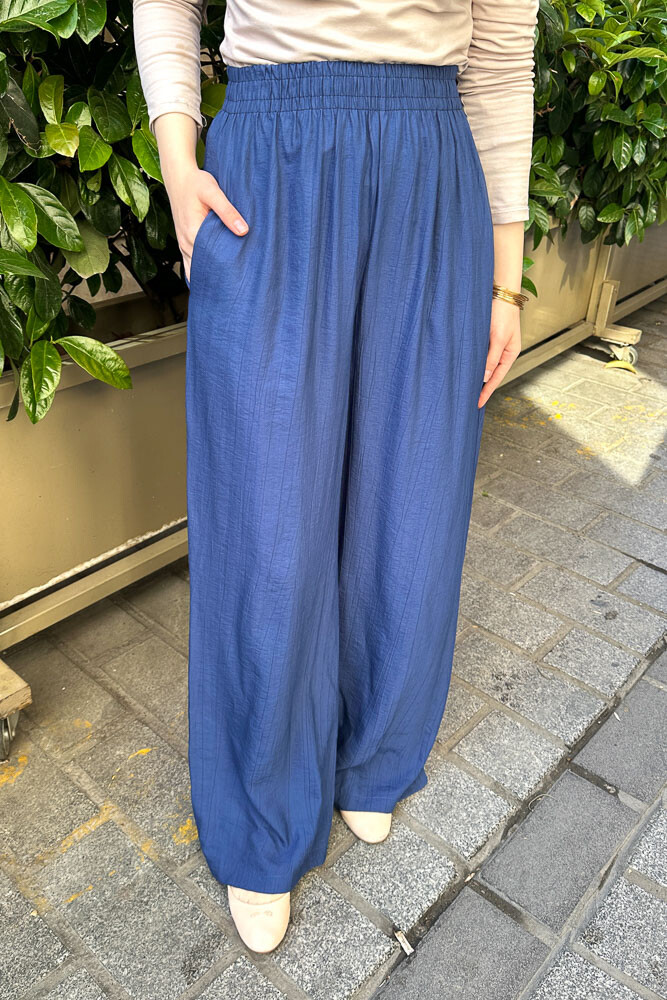 Beli Lastikli Bol Pantolon - Lacivert - 2
