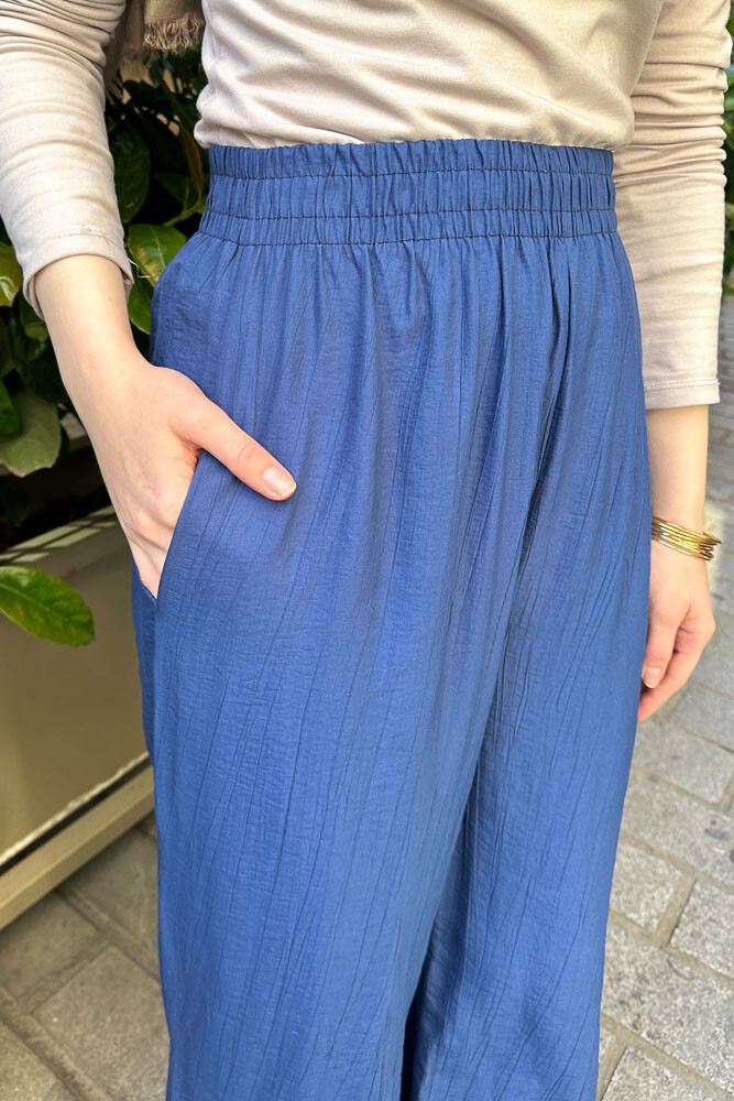 Beli Lastikli Bol Pantolon - Lacivert - 3