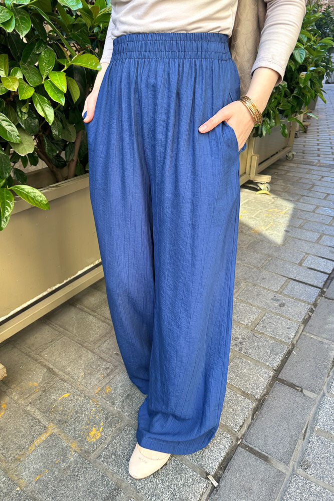 Beli Lastikli Bol Pantolon - Lacivert - 5