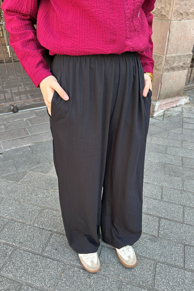 Beli Lastikli Bol Pantolon - Siyah - 3