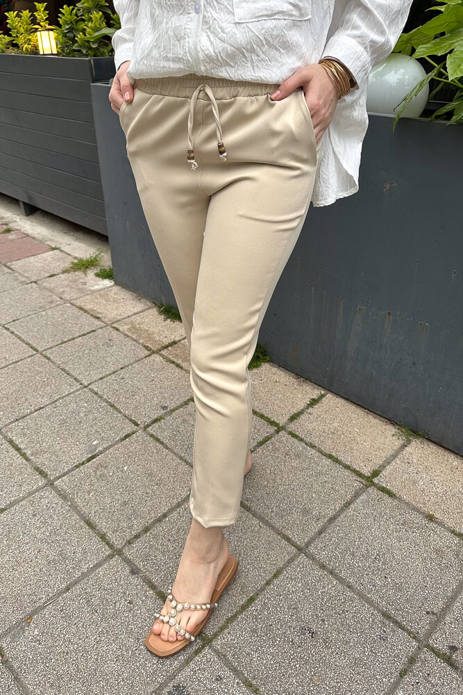 Beli Lastikli Kalem Pantolon - Bej - 2