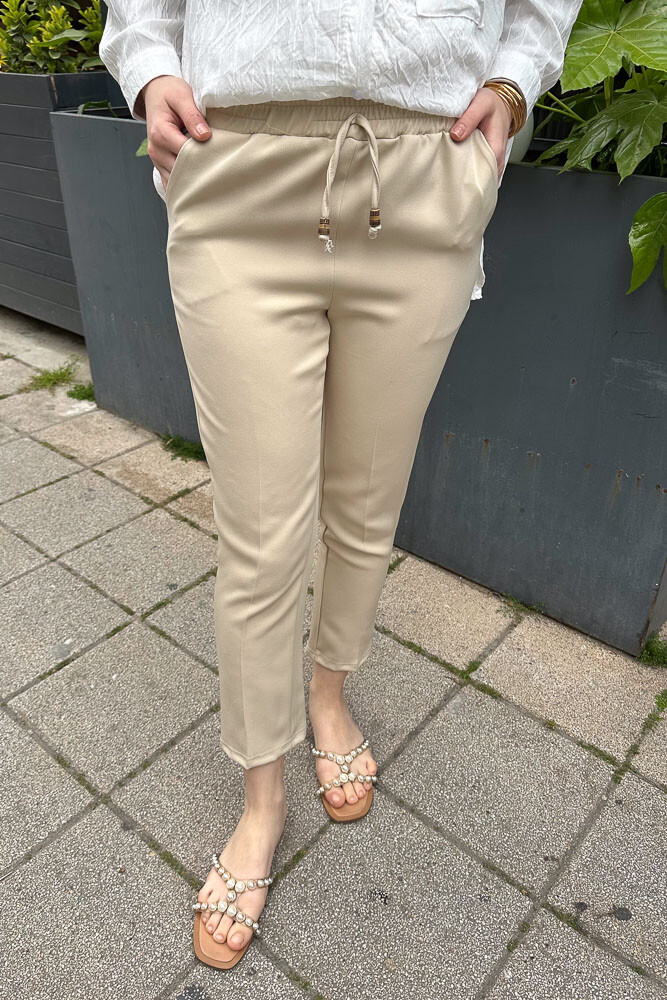 Beli Lastikli Kalem Pantolon - Bej - 1