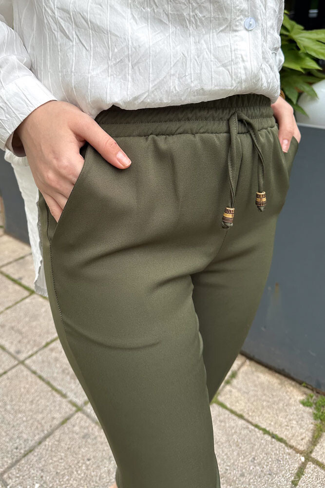 Beli Lastikli Kalem Pantolon - Haki - 2