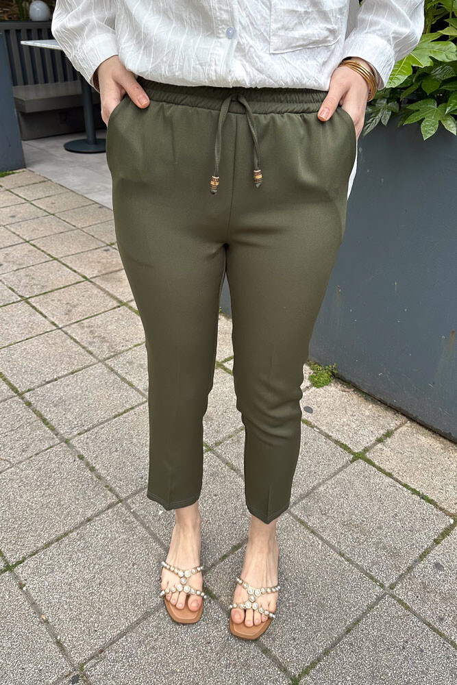 Beli Lastikli Kalem Pantolon - Haki - 3