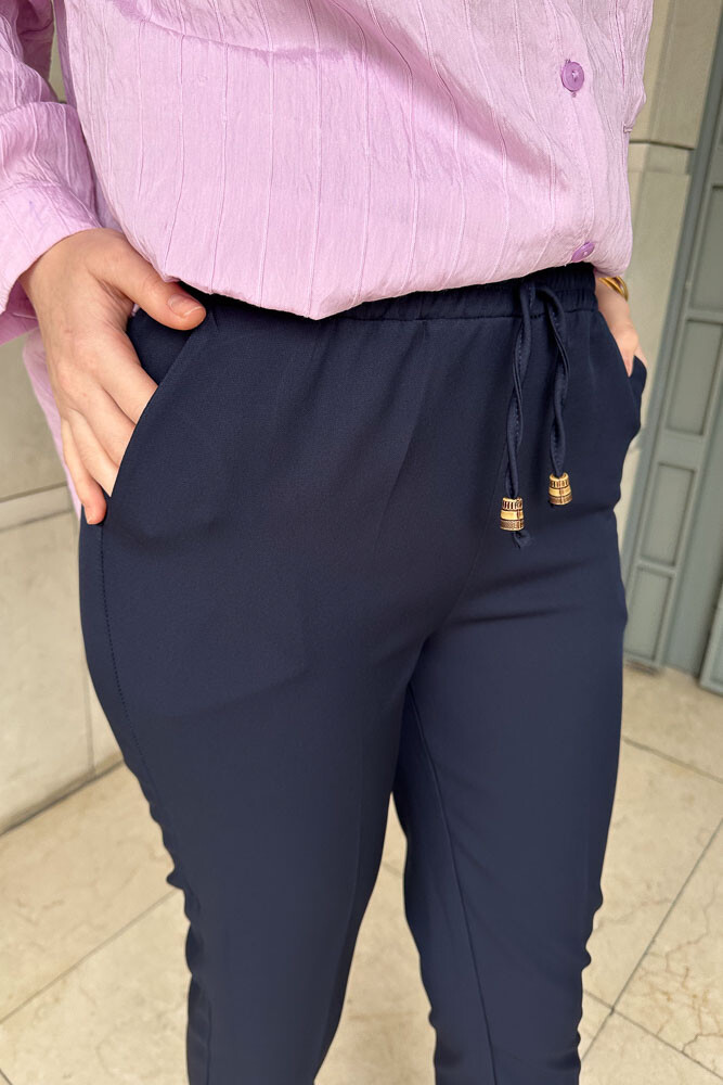 Beli Lastikli Kalem Pantolon - Lacivert - 3