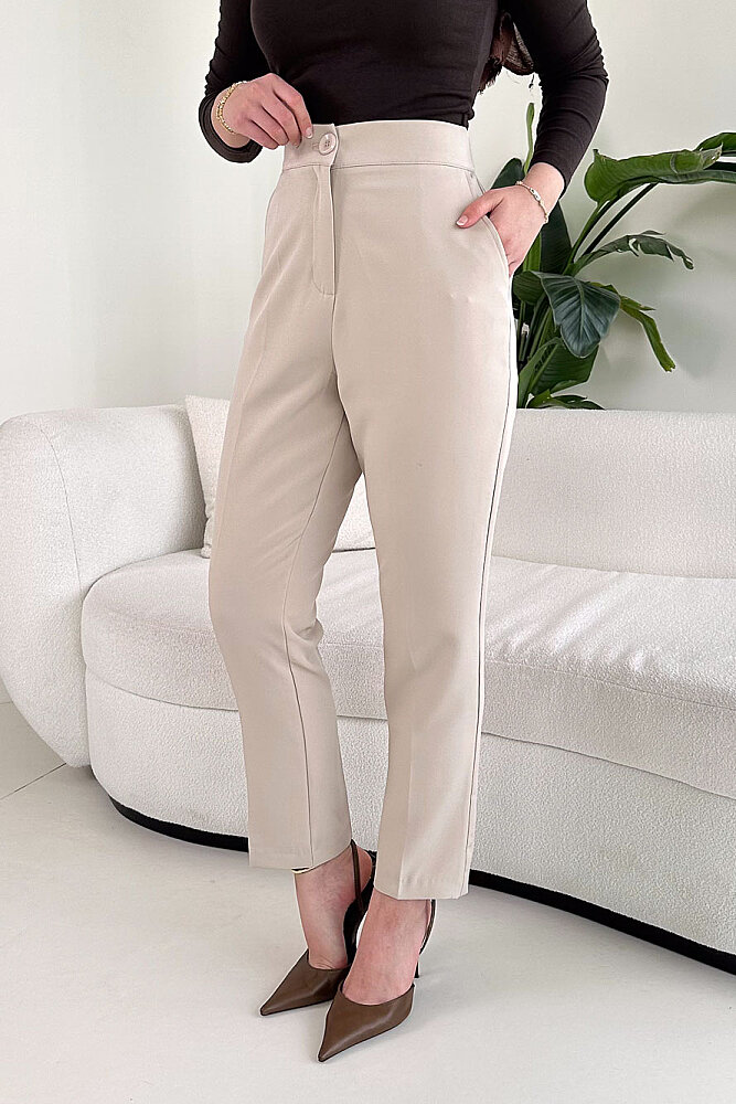 Beli Lastikli Krep Pantolon - Bej - PUANE (1)