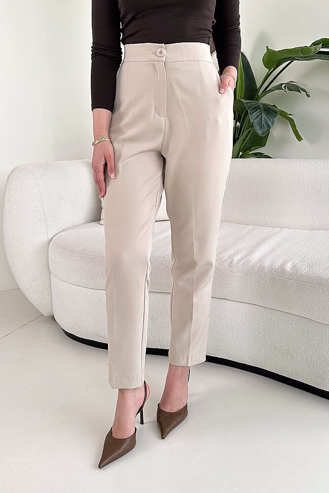 Beli Lastikli Krep Pantolon - Bej - 4