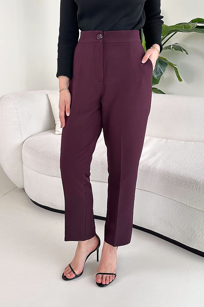 Beli Lastikli Krep Pantolon - Bordo - 3